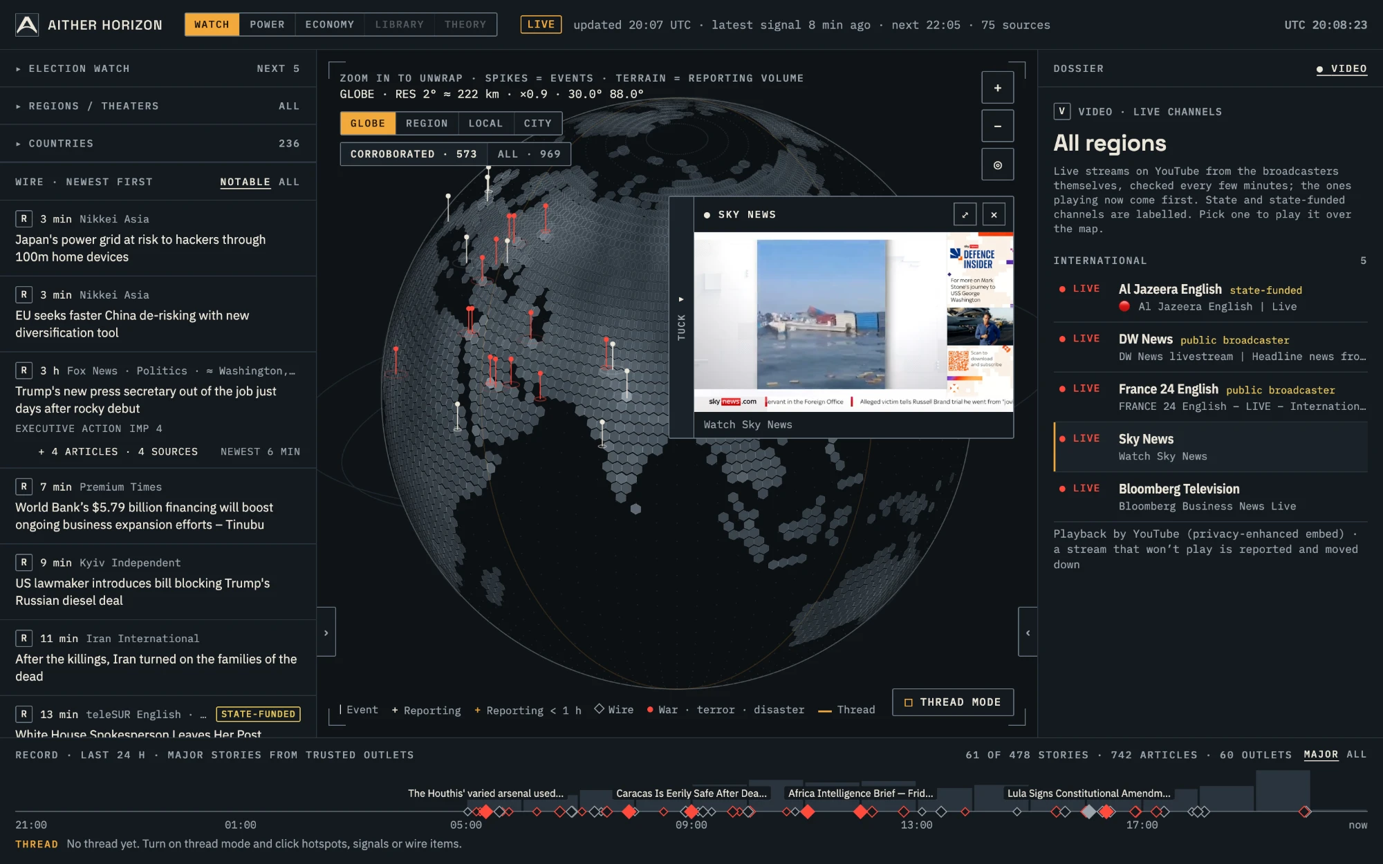 A live news channel playing over the map from the Video tab