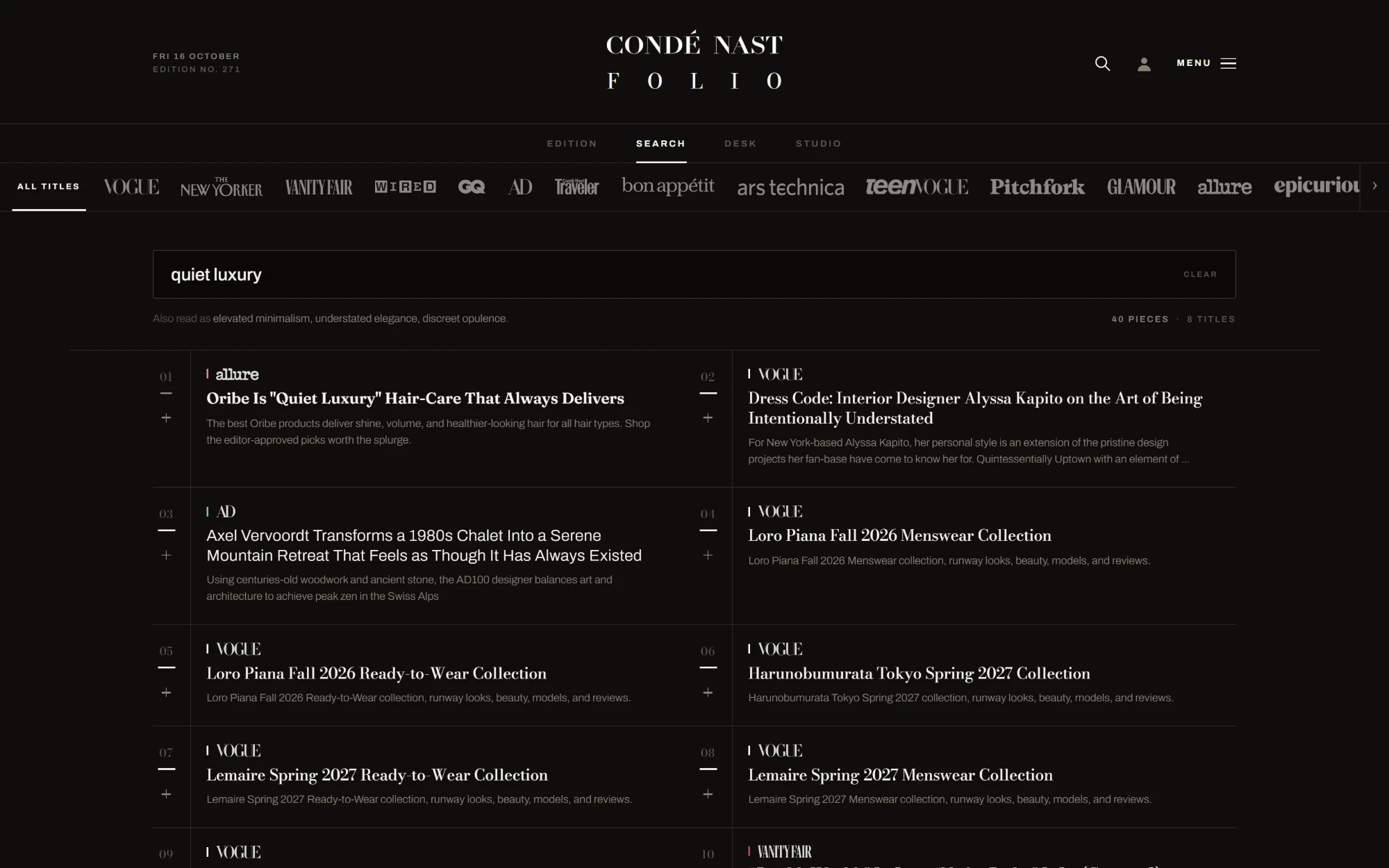 Folio search for 'quiet luxury' on a desk: forty pieces from eight titles