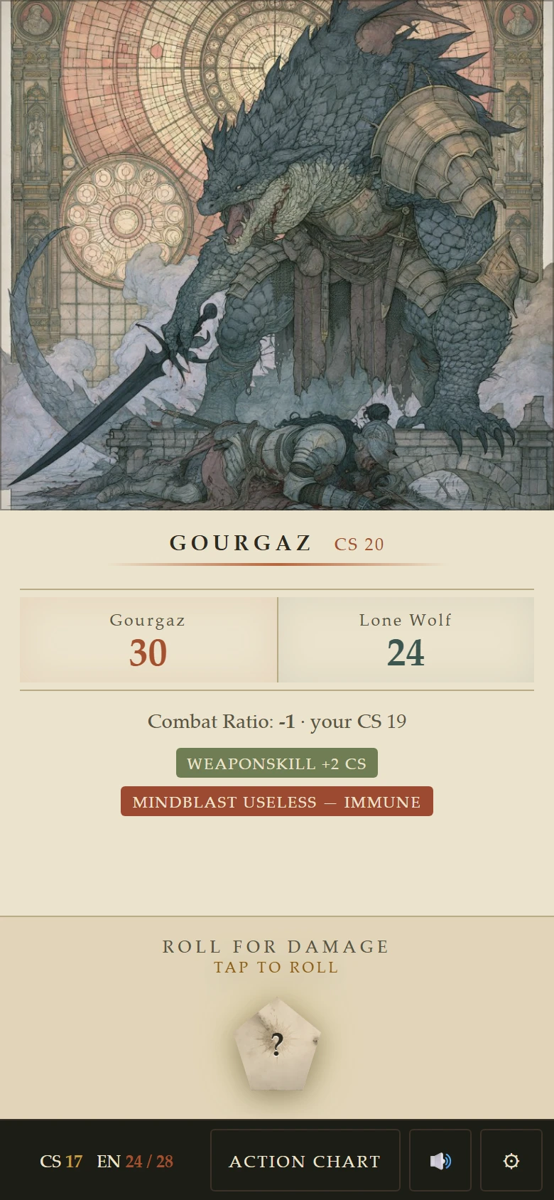Combat with Gourgaz: the enemy plate, condition chips and the die