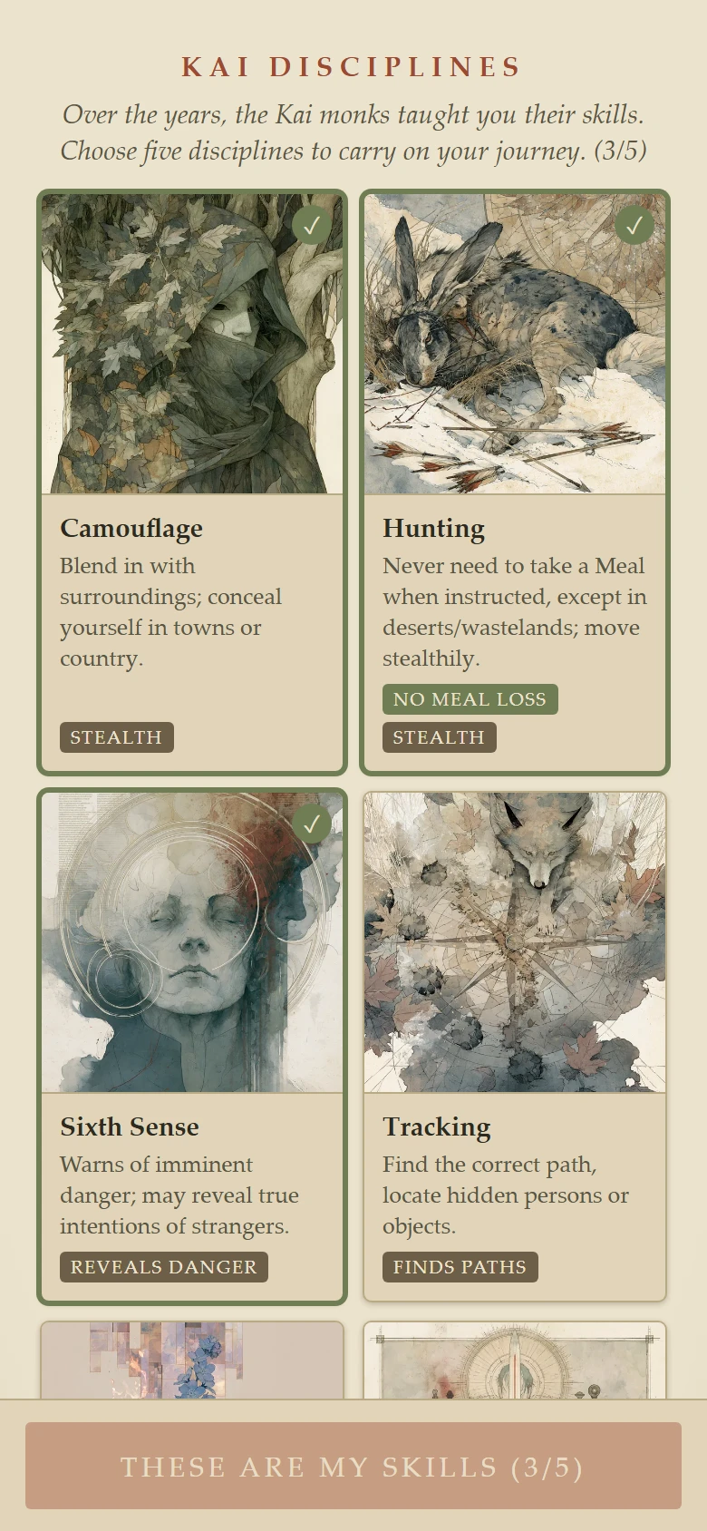 Character creation: choosing five Kai Disciplines