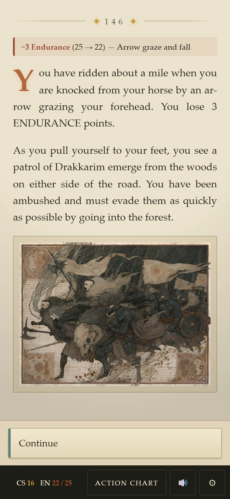 A story section: the ledger, the text, an illustration and the choices