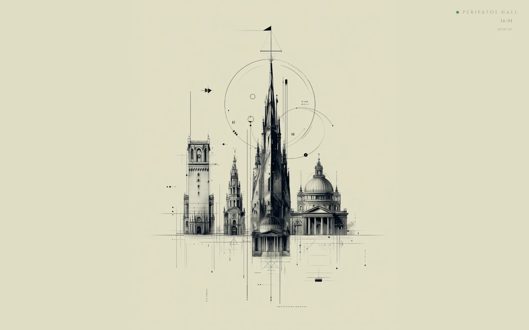 The Peripatos Hall home screen: an architectural line drawing of five buildings around a central spire