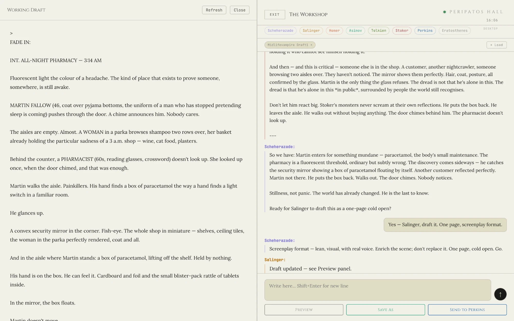 The Workshop on Midlife Vampire: Scheherazade conducting the room while Salinger's cold open appears in screenplay format