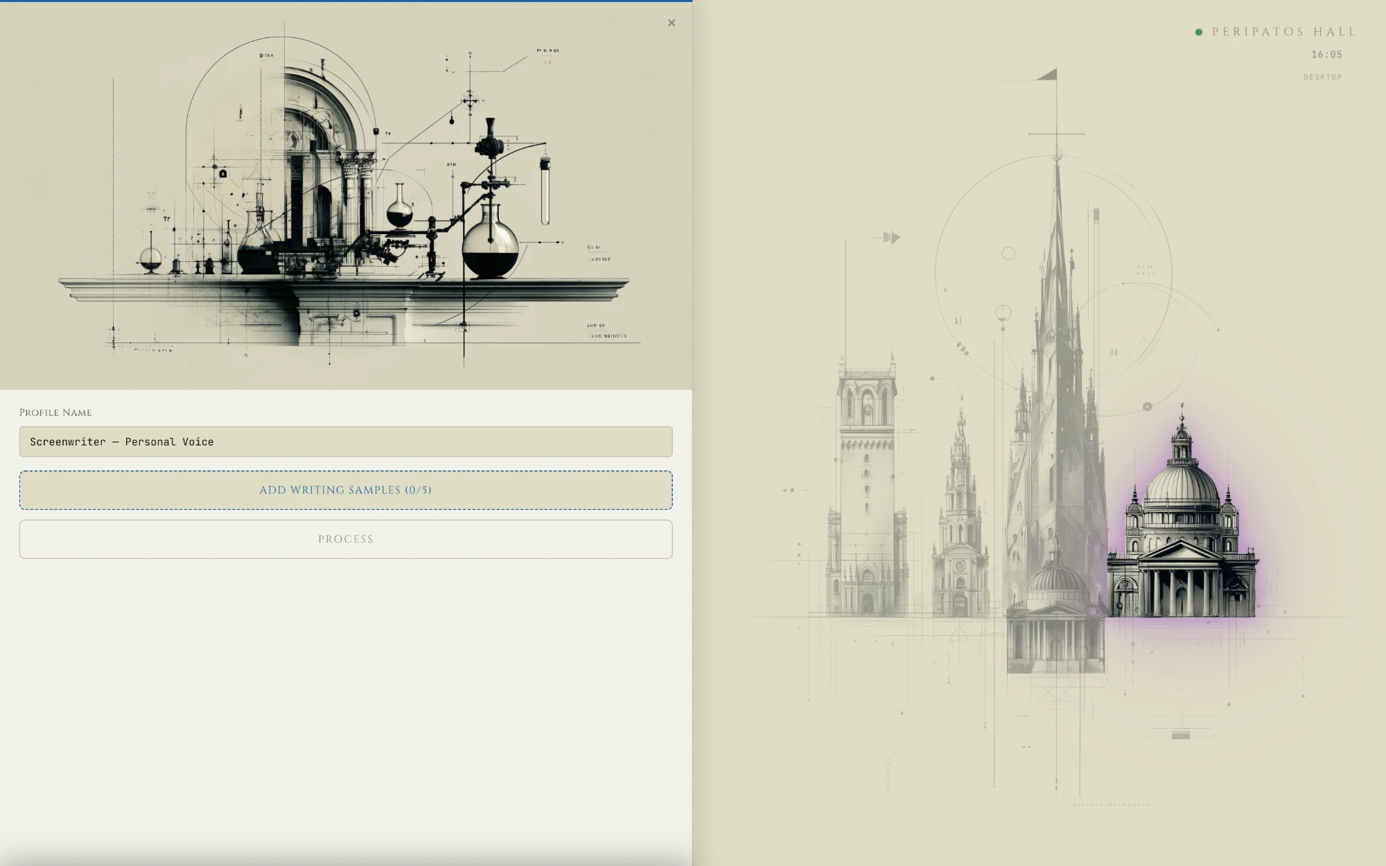 The Writer Profile view: a profile name, up to five writing samples and a Process button